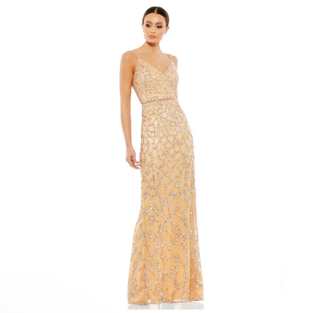 Mac Duggal Gold Maxi Dress with Silver Detailing